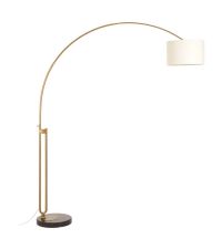 große, moderne Stehlampe mit gebogenem Lampenfuß in gold mit weißem Lampenschirm aus Leinen