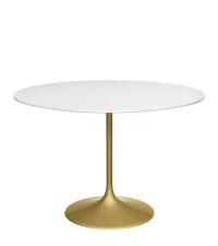 moderner runder Esstisch, Tischplatte Hochglanz weiß mit Messing-Fuß in gold