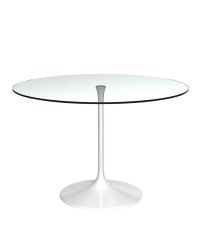 moderner, runder Esstisch aus klarer Glasplatte und Tischfuß in weißem Hochglanz