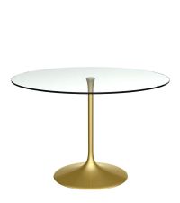 moderner, runder Esstisch aus klarer Glasplatte und Messing-Fuß in gold
