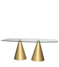 moderner, großer Esstisch mit Tischplatte aus Massivglas und auffälligen goldenen Kegelfüßen