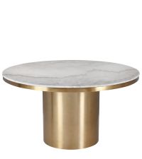 runder Esstisch mit Tischplatte aus massivem weißen Marmor mit goldener Metalleinfassung & Metallfuß
