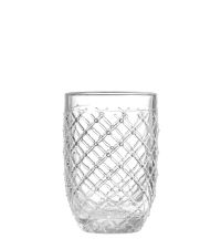 hohes Trinkglas mit stukturierter Oberfläche im Harlekin-Muster aus klarem Glas