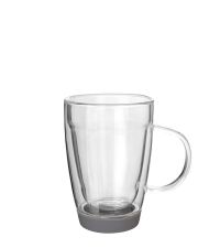 große doppelwandige Glastasse, Kaffee- oder Teetasse aus klarem Glas mit grauem Silikonsockel