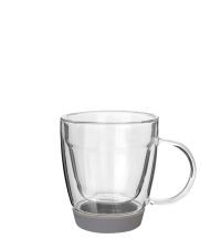 kleine doppelwandige Glastasse, Kaffee- oder Teetasse aus klarem Glas mit grauem Silikonsockel