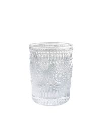 Trinkglas aus klarem Glas mit erhabenem Muster aus Blüten und Rillen