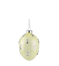 gelbes Osterei aus zartem Glas mit Dekosteinen & Glitterverzierung in Silber, Glasei