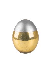 mittelgroßes, stehendes Glas-Osterei in Antik-Optik, glänzend gold & silber