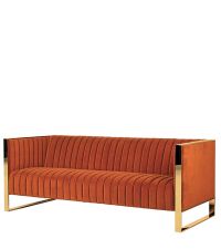 geripptes, orangenes 3-Sitzer-Sofa mit Metallrahmen in gold