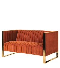 geripptes, orangenes 2-Sitzer-Sofa mit Metallrahmen in gold