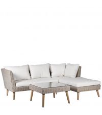 Rattan-Ecksofa im Retro-Style mit naturweißen Bezügen und Couchtisch mit Glasauflage