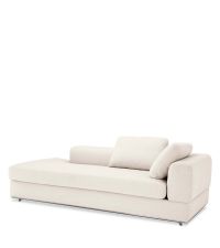 naturfarbenes Sofa mit Lehne, große Chaiselongue mit Chromrahmen, Ausrichtung rechts