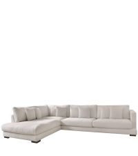 traumhaftes Ecksofa, Wohnlandschaft mit weichem Stoffbezug aus Baumwolle & Leinen mit dunklen Holzfüßen, beige