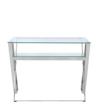 schmaler Schreibtisch, Schminktisch mit gekreuzten Beinen aus Edelstahl, Glasblatte & Ablägeflächen aus klarem Glas