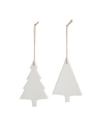 2er-Set Weihnachtsanhänger Tannenbäume aus Keramik, weiß