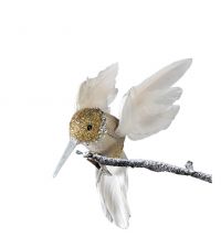 gold glitzernder Deko-Kolibri mit Strasssteinen, weißen Federn und Clip