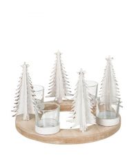 Adventskranz aus Holz mit Teelichthaltern & weißen Weihnachtsbäumchen