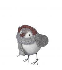 süßer Deko-Vogel aus Filz mit Strickschal & Ohrenschützern, hellgrau, weiß & braun