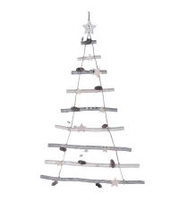 Weihnachtsbaum aus Holzsprossen in Leiter-Form mit Sternen & Zapfen