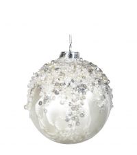 edle Weihnachtkugel in vereister Optik verziert mit vielen weißen Perlen & silberfarbenen Pailletten