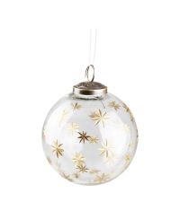 Christbaumkugel aus klarem Glas verziert mit goldenen Sternen, 10 cm