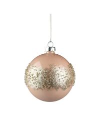 rosa Weihnachtskugel aus Glas mit breitem Streifen aus goldenem Glitter & Perlen
