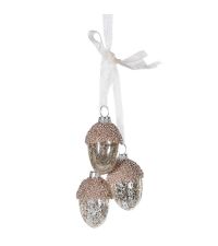 3 hängende Deko-Eicheln in Antik-Optik besetzt mit kleinen Perlen, rosa & silber
