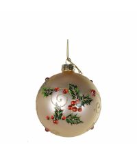matt goldene Weihnachtskugel verziert mit Stechpalmen aus roten Perlen und goldenem Glitter