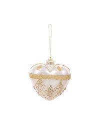 Weihnachtsanhänger Herz aus Glas mit goldenem Glitter & Dekosteinen, cremefarben
