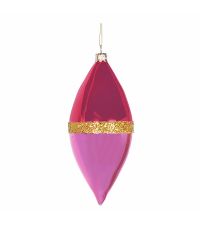 pinke Weihnachtskugel in Zapfenform mit goldenem Glitterstreifen