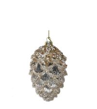 Weihnachtsanhänger Zapfen aus Glas mit Perlen & Glitter, silber