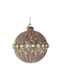 mit Perlen und Glitter verzierte, gerillte Weihnachtskugel, zart rosa