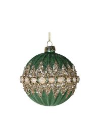 grüne, mit Perlen und Glitter verzierte, gerillte Weihnachtskugel