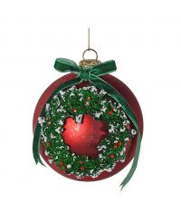 matt rote Weihnachtskugel aus Glas mit grünem Kranz & Samtschleife