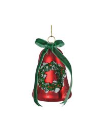Weihnachtsanhänger Glöckchen aus matt rotem Glas mit grünem Kranz & Samtschleife