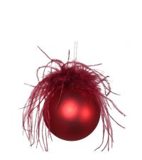 matt rote Weihnachtskugel mit Federbesatz