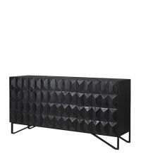modernes, schwarzes Sideboard mit erhabenem Diamant-Relief & schwarzen Metallfüßen