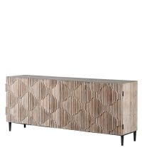 Sideboard mit strukturierter Front mit Wellenmuster aus Kiefernholz mit schwarzem Metallrahmen