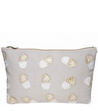 kleine hellgraue Baumwoll-Kosmetiktasche bestickt mit Ananas-Muster und goldenem Reißverschluss