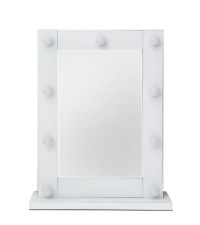 viereckiger, selbststehender Schminkspiegel aus Spiegelglas mit Rahmen aus weißem Glas mit integrierter Beleuchtung durch 9 LED-Glühlampen