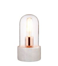 Tischlampe aus weißem Marmorfuß, transparenter Glasglocke und kupferfarbener Glühbirnen-Halterung