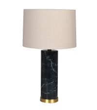 Tischlampe mit dunkelgrünem Marmorfuß auf gold glänzendem Metalldetail und naturfarbenem Leinen-Lampenschirm