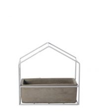moderne Schale im 'Häuschen-Stil' aus Zement mit Metallgerüst, weiß