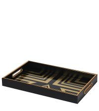 schwarzes, rechteckiges Tablett mit goldener, geometrischer Musterung