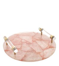 rundes Tablett aus Rosenquarz, Griffte aus Acrylglas, rosa & gold