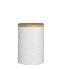 matt weiße Vorratsdose mit geometrischem Muster und Deckel aus Bambus