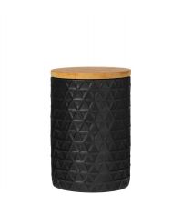 matt schwarze Vorratsdose mit geometrischem Muster und Holzdeckel