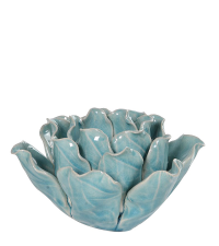 entzückender Teelichthalter in Form einer offenen Blüte in glänzendem türkis 