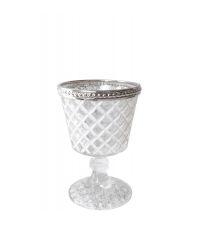 Teelichtglas in Kelchform mit geometrischem Rautenmuster in Antikoptik, weiß & silber
