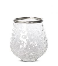 großes rundes Windlicht aus transparentem Glas mit Silberdetails, Sternmuster